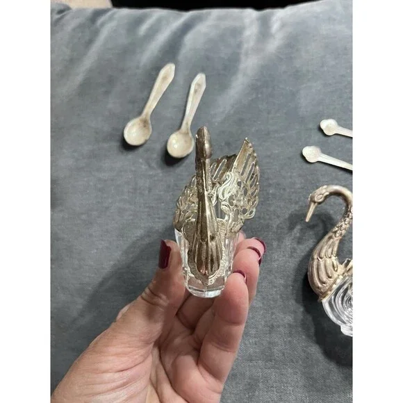 Pair of 3" Large Vtg Germany Silver & Crystal Swan Master Salt Cellars w/Spoons - Picture 7 of 16